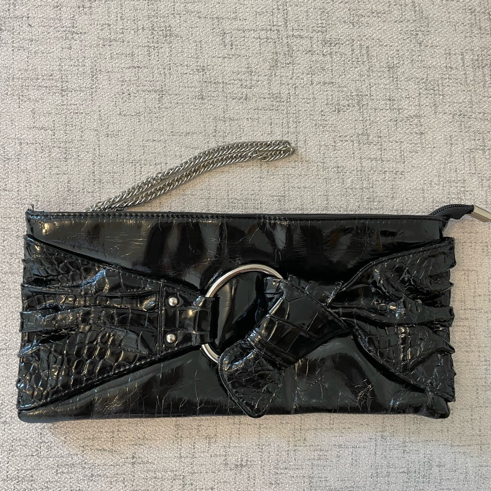 Simon Chang black patent wristlet clutch with silver hardware and croc print